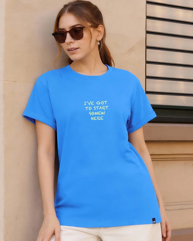 bewakoof Women's Azure Blue Start Typography Boyfriend T-shirt